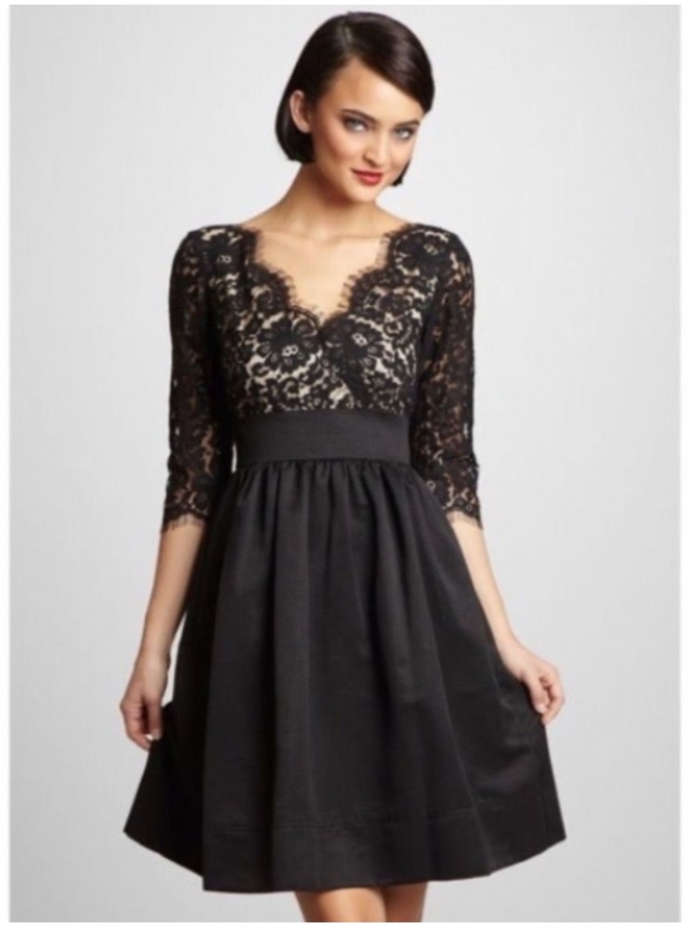 EUC {Eliza J · Anthro} Black Lace 3/4 Sleeve Fit & Flare Cocktail Midi Dress | 6
